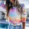 MVGIRLRU Tie dye knitted Women's Sweater Loose O-neck Long Sleeve Outwear Female Candy Color Streetwear Lady Rainbow Pullover 210812