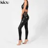 Kliou Faux PU Cuir Femmes Crayon Pantalon Skinny Creux Out Taille Haute Collants Pantalon Noir Mode Automne 2021 Vêtements Féminins Chaud Q0801
