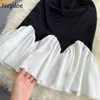 Neploe Ladies Grace Ruffled Fishtail Midi-Dress Kobiety Kontrast Kolor Patchwork Slash Neck Szata Krótki Rękaw Slim Waist Vestidos Y0823