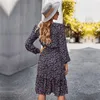 Casual Dresses Temperament Herbst Winter Print Kleid 2021 Frauen V-Ausschnitt Button A Line High Wasit Für