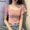 Neploe Fungus Knitted T Shirts Women Solid Square Collar Petal Sleeve Female Tops Summer Casual Slim Fit Ladies Tees 1C625 210306