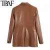 TRAF Women Fashion With Buttoned Faux Leather Blazer Coat Vintage Long Sleeve Flap Pockets Female Veste Femme 211122