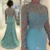 Mint Green Vintage Mermaid Prom Suknie Wieczorowe 2022 Koraliki z długim rękawem Kryształ Koronki Appliqued Bridal Matka Bride Gościnna Cg001