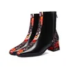 Kadınlar Kısa Çizmeler Kış Shoessoft Mikrofiber Leaphersquare Toeprinting Topuk Etnik StyleFemale FootwareBlackred