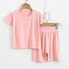 Children's Modal Stretch Short-sleeved Shorts Set Boys Girls T-shirt Shorts Suits Baby High Waist Home Clothes Solid Color 2pcs Y220310