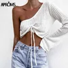 AProms Sexig One-Shoulder Ruched Sweater Kvinnor Casual Flare Sleeve DString Stickade Pullovers Streetwear Grå Mjuk Basic Top X0721
