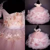 2022 Pink Ballroom Girl Pageant Dresses Off Shoulder Appliqued Beaded Floral Flower Girl Gowns Backless Ruffle Tiered Skirt Birthday Gowns
