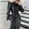 Maxi abito da donna in pelle PU manica lunga monopetto chic coreano Office Lady Split Party Vintage Slim Vestido 210601