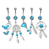 Sexy Dangling Navel Piercing Belly Button Ring Stainless Steel Bar Crystal Blue Zircon for Woman Girls Drop Body Jewelry