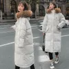 2022 Women's Leather Long Coat Hooded Down Parka Ladies New Warm Winter Women Loose Big Fur Collar Jacket Coat