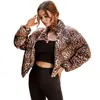 Lampart drukuj bawełniany płaszcz kobiety moda zima odzież wierzchnia wysokiej szyi zipper ciepły luźny krótki żeński LR1330 210531