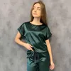 Hechan Green Brown Women Sleepwear 2 Piece Set Round Neck Kortärmad Top Solida Lösa Byxor Satin Hem Använd Casual Sus Sats 210928