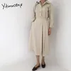 Yitimuceng Shirt Dresses for Women Ruched Long Sleeve Beige Brown Dark Blue Sundress Summer Korean Fashion Midi Dress 210601