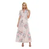 Богемская цветочная напечатанная рубашка платье женщины повседневная отворот с коротким рукавом Sashes High Split Maxi Vestidos линия свободный негабаритный халат 210526