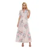 Bohème Floral Imprimé Chemise Robe Femmes Casual Revers À Manches Courtes Ceintures Haute Split Maxi Robes Une Ligne Lâche Surdimensionné Robe 210526