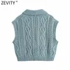 Zevity Frauen Mode Ball Applikationen Häkeln Twist Stricken Pullover Weibliche Ärmellose Casual Weste Chic Cardigans Tops S677 210603