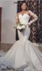 Vintage 2021 Plus Storlek Mermaid Bröllopsklänningar Bridal Gowns Jewel Neck Långärmad Lace Appliqued Robe de Mariée
