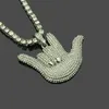 Pendant Necklaces Iced Out Full Rhinestone Rock Gesture ILY Love & Peace Sign Hand With Hip Hop Tennis Chain Rocker Jewelry