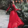Yosimi夏赤シフォンロング女性のドレスエレガントなリストスリーブレースフード付き足首長さのマキシドレスフィットアンドフレア210604