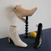 Meotina Women Ankle Boots Shoes Real Leather High Heel Lady Boots Zip Lace Up Square Toe Chunky Heels Short Boots Autumn Winter 210608