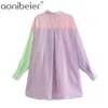 Green Pink Hit Color Patchwork Fashion Loose Shirts Summer Drop Shoulder Long Sleeve High Low Hem Women Casual Blouses 210604