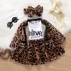 Осенние дети младенческие девочки девочек леопардовые пальто платье набор повязки с длинным рукавом Высокая талия A-подкладки MIDI-молнии кардиган костюм