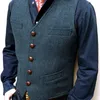 Men's Vests Formal V Neck Wool Herringbone Tweed Casual Brown Waistcoat Business Tortoise Button Silver Vest Groomman For Wedding Prom Guin2