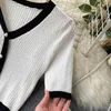 Dat Dames Gebreide Hit Kleur Stitching Breasted Sweater Cardigan Korte Mouw V-hals Slanke Mode Lente Zomer 11B750 210709