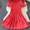 Fioletowy / Czerwony / Biały Syrenka Sukienka Kobiety Wiosna Lato Okrągły Neck Rękaw Puff Sleeve High Waist Bodycon Vestidos Kobiet Elegancka Robe 2021 Y0603