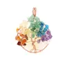 JLN Gemstone Rond Cabochon Vie Arbre Pendentif Puce Pierre Fil Enveloppé Quartz Sept Chakra t Charme Avec Chaîne En Laiton Collier