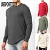 URSPORTTECH T-shirt Männer Große Größe Lange Hülse O-ansatz Solide Falten Volle Hülse T-shirt Männer Casual Shirts Für Männer fitness Tops Tees 210528