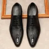 Мужчины черный коричневый Wingtip Подлинная кожа Оксфорд Обувь заостренный носок кружев Официальные туфли Свадебное дело Бизнес мужской крокодил