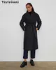 Yiyiyouni Sonbahar Kış Kemerli Uzun Pamuk Yastıklı Ceket Kapalı Düğmeler Rahat Giyim Kalın Parkas Kadın Kar Coat 211013