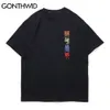 Gonthwid Tshirts Bordado Caráteres chineses Flores Camiseta Streetwear Hip Hop Harajuku Casual Manga Curta Tops C0315