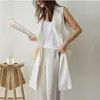 M-2XL Simple boutonnage lâche simple gilet veste blanc automne printemps costume sans manches gilet lin long manteau femme QEN009 210819