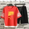 2-częściowy zestaw koszuli męska Męskie Moda Hip Hop Streetwear Druk Koszule + Spodenki Sportowe Męskie Odzież Casual Dress Men Set 210806