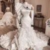 Luxus Meerjungfrau Brautkleider Eine Schulter Lange Ärmel Perlen Rüschen Sweep Zug Plus Größe Hochzeit Brautkleid vestido de novia