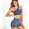 2021 Sexy Mesh Splicing 2Pcs Sports Suit Women's Yoga Suit One Shoulder Crop Tops SleevelBra and High Waist Leggings Set X0629