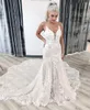 Dantel Mermaid Gelinlik 2021 Yeni Tasarımcı ile Spagetti Sapanlar Aplike Sweep Tren Custom Made Sheer Bahçe Gelinlik Vestido