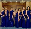 섹시한 로얄 저렴한 블루 인어 신부 들러리 드레스 웨딩 게스트 1 어깨 캡 소매 바닥 길이 플러스 크기의 하녀 명예 가운
