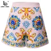 LD LINDA DELLA Fashion Designer Summer Elegant Shorts Women High waist Beading Floral print Vintage 210724