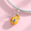 2021 Ny 925 Sterling Silver Symbol Of Wealth Money Bag Orange Emalj Round Charm Passar för Original Armband Bangle Göra DIY Q0531