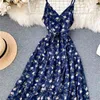 Eleganta kvinnor Bodycon Dress Print Blommor Kleid Boho Midi Summer V Neck Sexig Ladies High Waist Robe Vestidos Mujer 210525