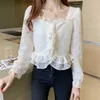 Chemisier court brodé femmes Style coréen col carré chemises à volants grande taille dentelle simple boutonnage blanc 210601