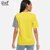 Dotfashion Mektubu Tingham Panel Fırfır Trim Tee Kadınlar Yaz Günlük Sokak Giyim Üstler Kadın Kore tarzı Moda Tshirt T200110