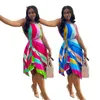 虹の縞模様の女性のドレス夏の到着のノースリーブの高い腰のオフィスの女性エレガントなローブイオンパーティーとクラブウェア210525