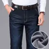 Klassieke stijl winter heren warme zakelijke jeans mode casual denim stretch katoen dikke fleece denim broek mannelijke merk broek 211124
