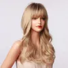 Synthetic Long Deep Wave Wigs Ombre Brown Golden Blonde Party Wigs with Bangs for White/Black Women Heat Resistantfactory direct