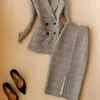 Vinter Högkvalitativ Kvinnors Suit Kjol Set Tvådelad Koreansk version av Professional Plaid Ladies Jacket Slim 210527