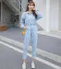 Kvinnors jumpsuits Rompers Blue Bodycon Jeans Jumpsuit Kvinnor Elastisk hög midjeficka långärmad bodysuit mode tunika la339q